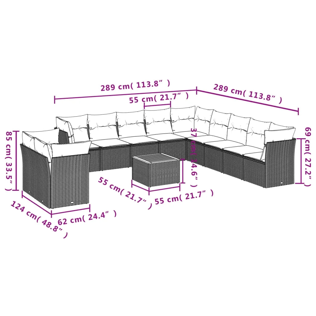 Set Divani da Giardino 12 pz con Cuscini Grigio in Polyrattan 3256060