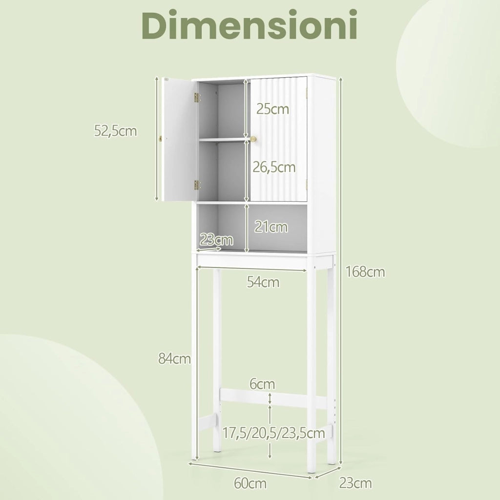 Mobile Bagno Sopra WC, Scaffale per Lavatrice Salvaspazio con 2 Ante, Mensola Aperta e Ripiano Regolabile, Armadietto Sopra Gabinetto in Legno, 60 x 23 x 168 cm (Bianco)