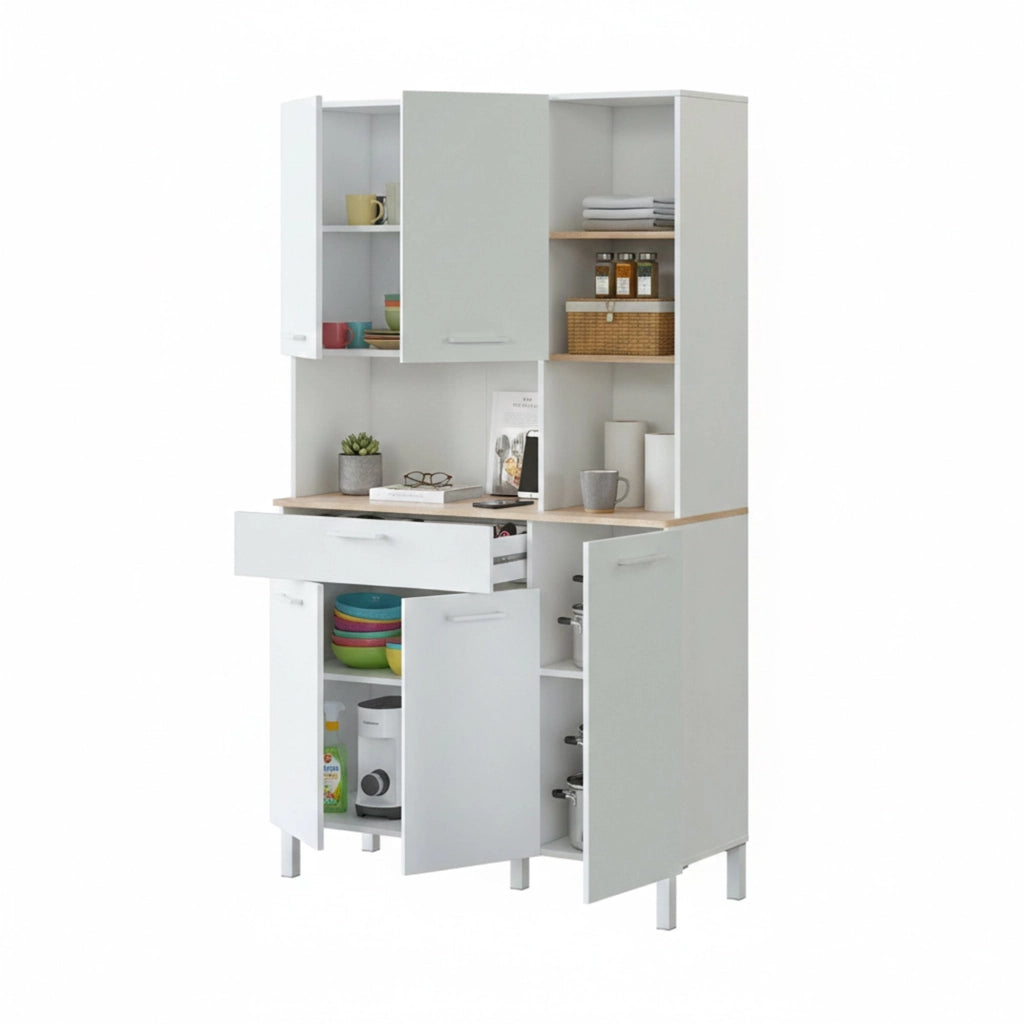 Credenza\ Abbaio, Mobile ausiliario da cucina, Credenza a 5 ante e 1 cassetto con ripiani, Armadio aperto, cm 108x40h186, Bianco e Rovere