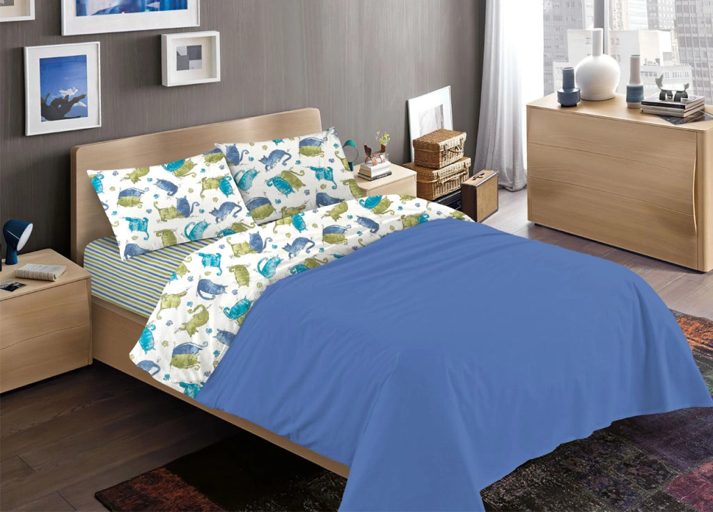 Completo Lenzuola Letto 100% Cotone Disegno Gatti Animali Micio Colorato Mod RP Made In Italy - 2 Piazze - Blu