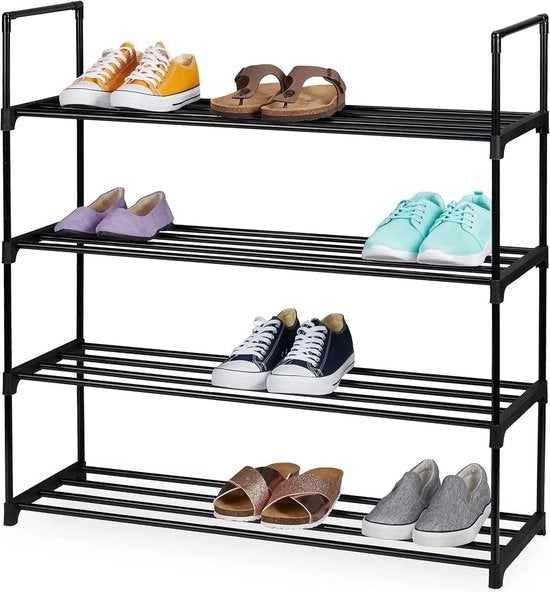 Scaffale per scarpe in metallo 4 piani per 16 paia - 91,5 x 90,5 x 30,5 cm - Scaffale di archiviazione nero - Sostituisce spazio