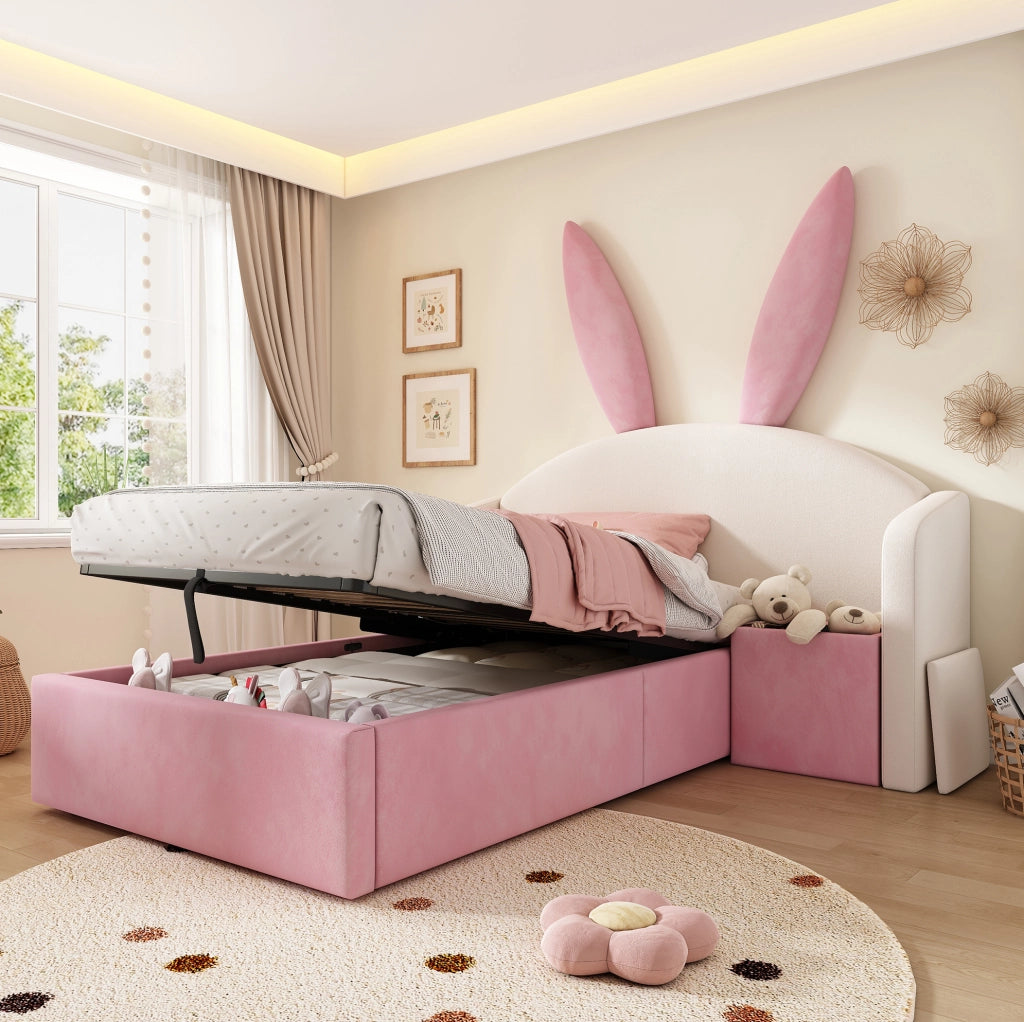 Letto imbottito 90x190 cm in velluto con comodino contenitore; beige e rosa