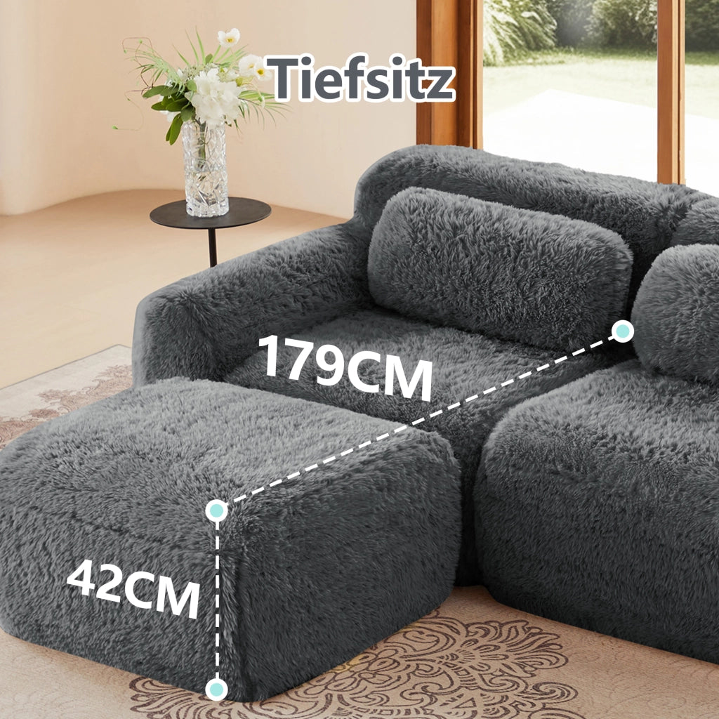 Divano Modulare 2 Posti con 2 Pouf, Convertibile, senza Montaggio, Base Antiscivolo, in Peluche Grigio