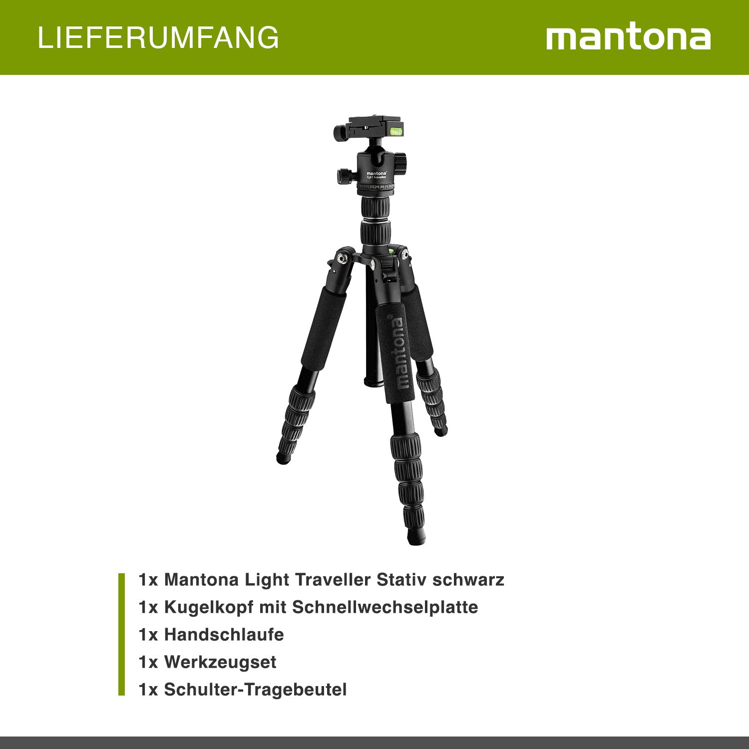 Mantona Cavalletto fotografico da viaggio, 131,5 cm nero, alluminio, max 5 kg, con testa a sfera e Arca-Swiss, Treppiedi Stativo fotografia