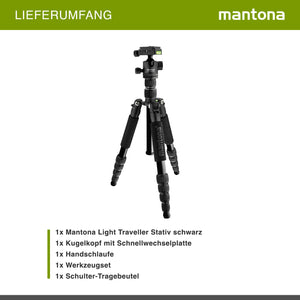 Mantona Cavalletto fotografico da viaggio, 131,5 cm nero, alluminio, max 5 kg, con testa a sfera e Arca-Swiss, Treppiedi Stativo fotografia