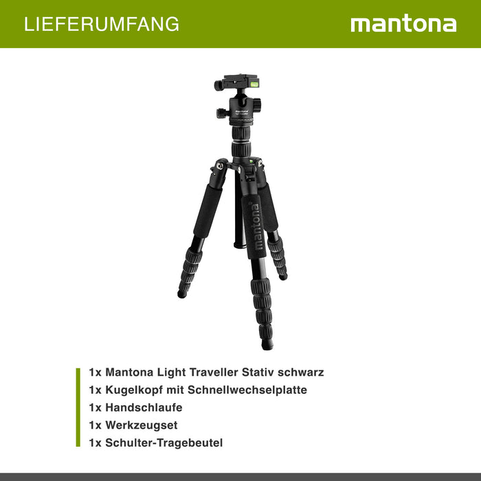 Mantona Cavalletto fotografico da viaggio, 131,5 cm nero, alluminio, max 5 kg, con testa a sfera e Arca-Swiss, Treppiedi Stativo fotografia