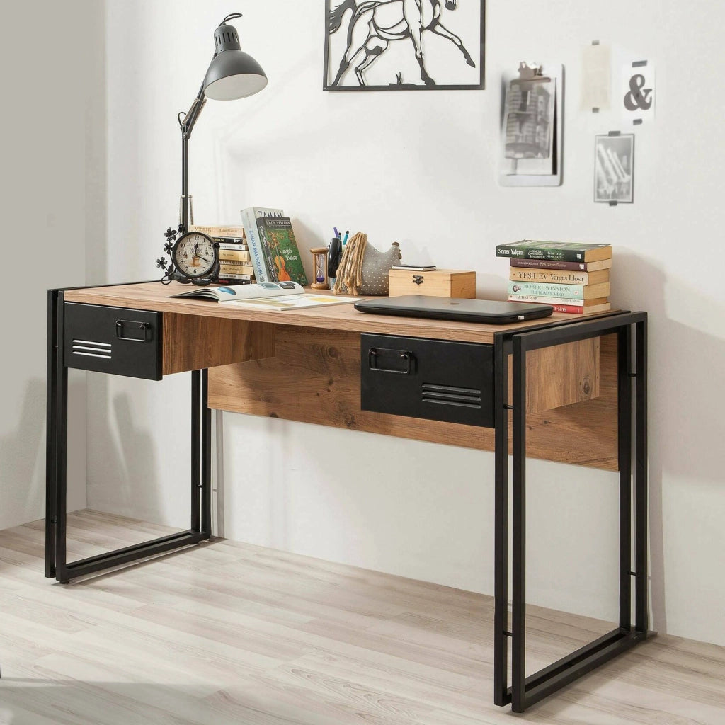 Scrivania Grimilde, Scrittoio multiuso, Tavolo per ufficio porta PC, Piano di lavoro, 139x60h75 cm, Quercia e Nero