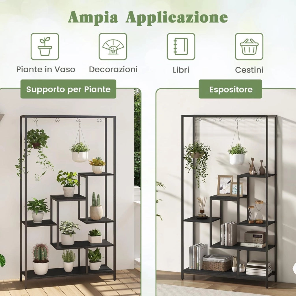 Scaffale Porta Piante a 6 Livelli, Scaffale per Fiori in Metallo da Interno con 10 Ganci e Ripiani per Piante, Porta Vasi da Balcone e Soggiorno