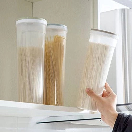 Set di contenitori di stoccaggio per spaghetti da 1,8 L con coperchio da 3, contenitori di cucina per alimenti trasparenti e dispenser per cucina per spaghetti, pasta, noci, fagioli, farina, granola per colazione (tutti in grigio)