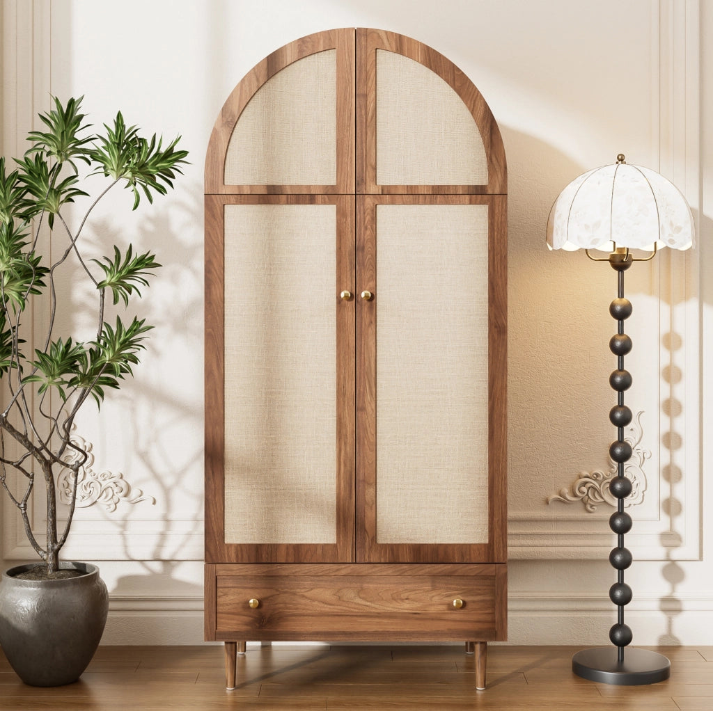 Armadio 79x50x175 cm con ante rivestite in tessuto e cassetto in MDF naturale
