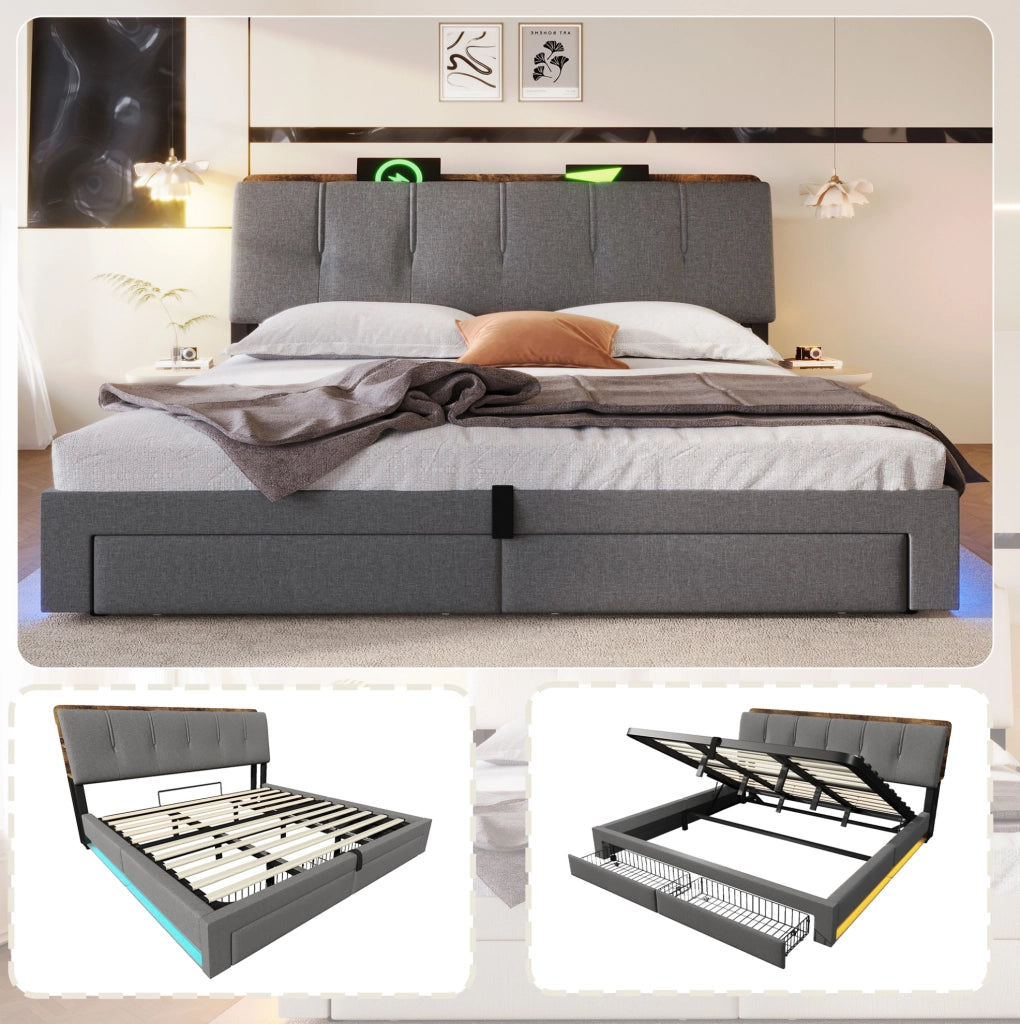 Letto imbottito 180x200 cm con contenitore idraulico, LED e USB-C