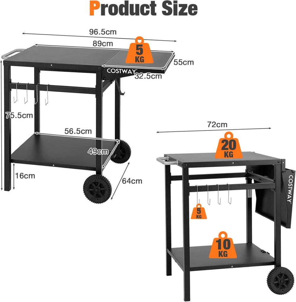 Carrello per Barbecue, Carrello di Servizio con Ruote e 4 Ganci, Pannello Laterale Pieghevole, Carrello Cucina Multiuso per Forno da Pizza, per Casa Cortile Patio e Giardino