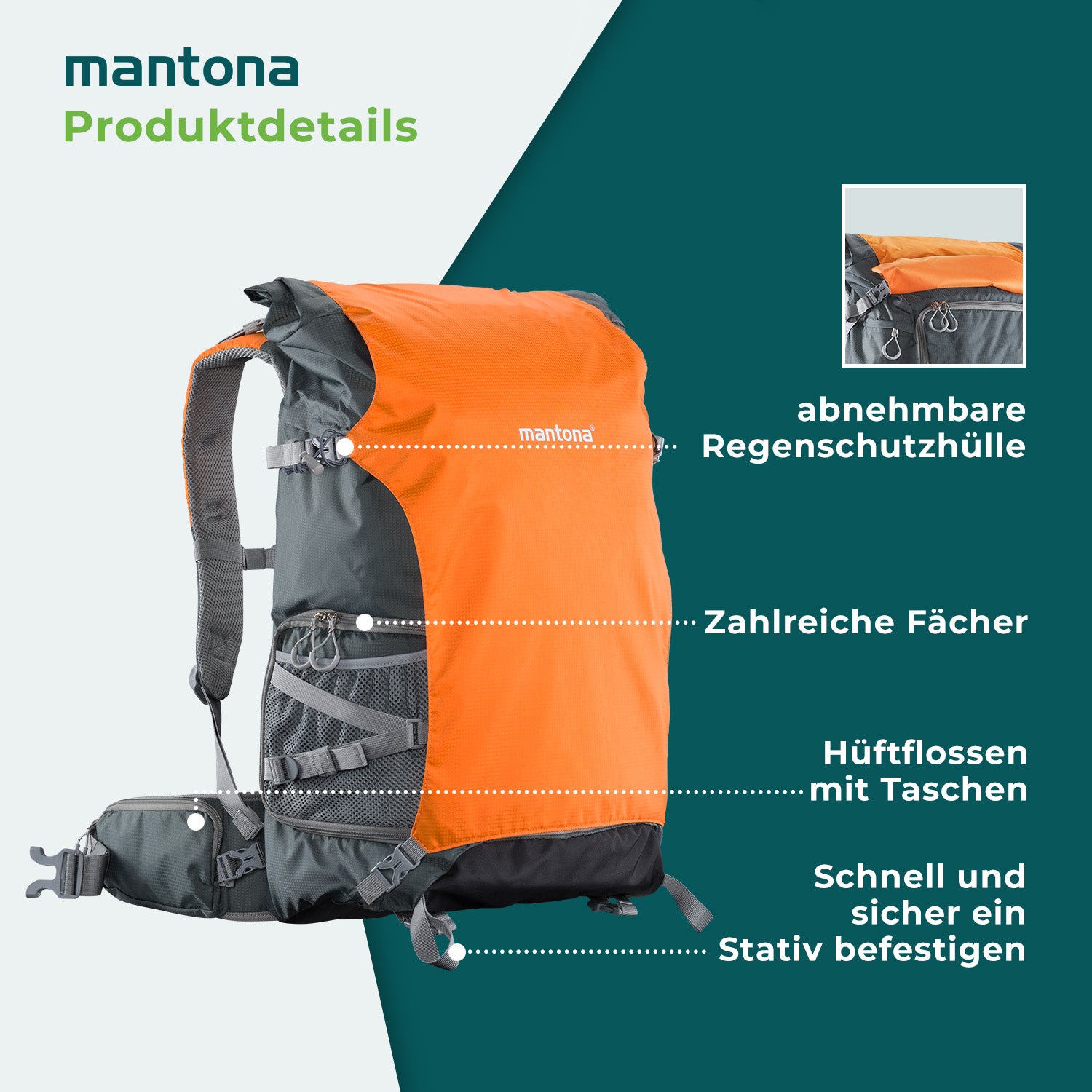 Mantona elementsPro 50 Zaino per fotocamera - Zaino professionale per fotocamera outdoor con scomparti interni personalizzabili, ampio spazio per 2 fotocamere e accessori, laptop fino a 15 pollici