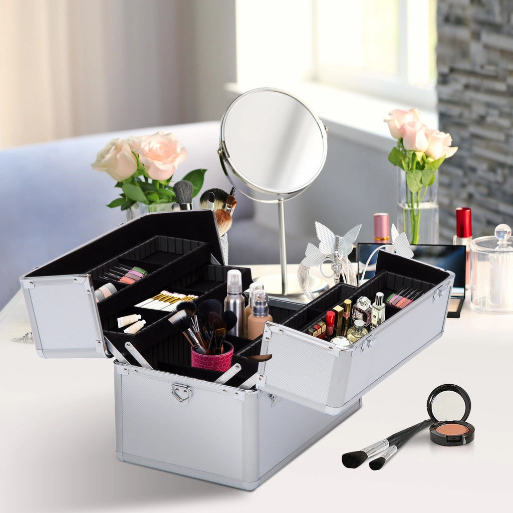 Mallette trucco a 3 livelli con chiavi ¨C zephmum ¨C argento 36.5x24x29 cm