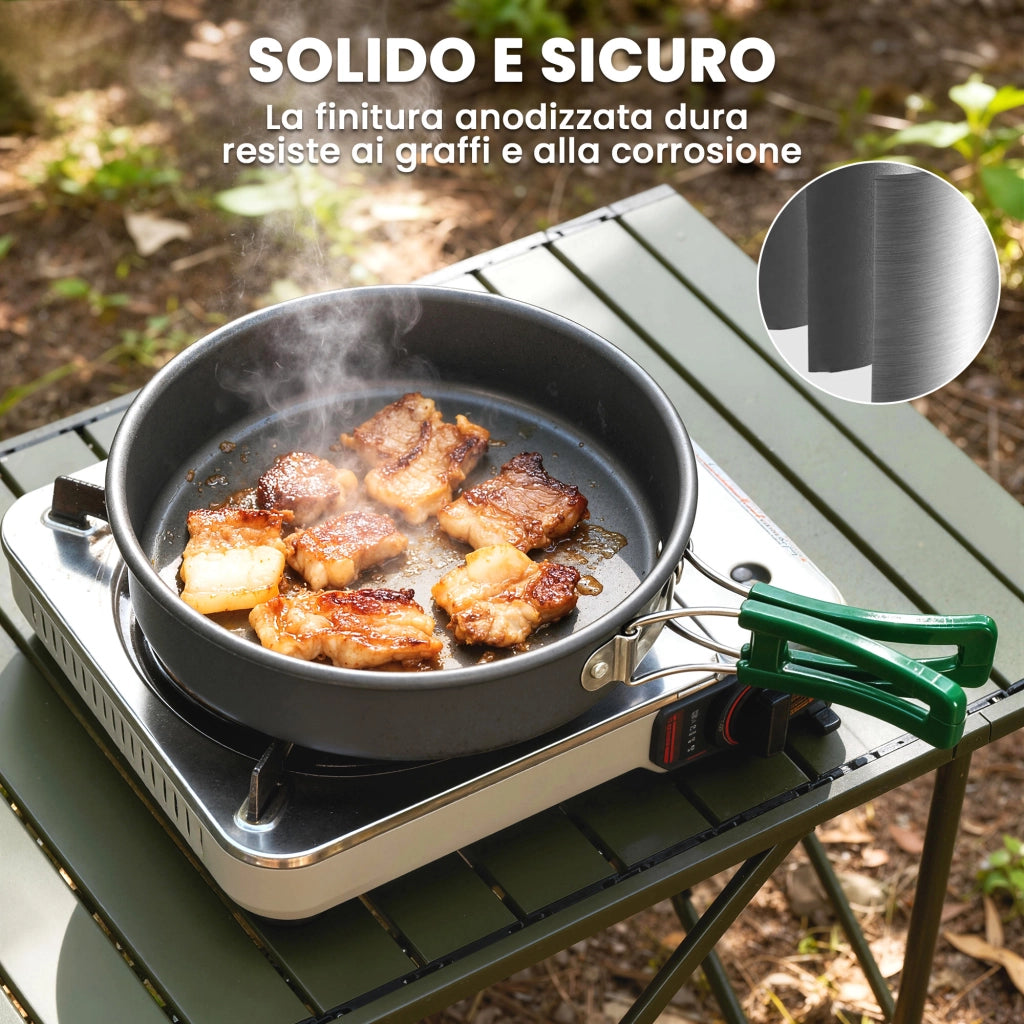 Set 8 Pezzi da Cucina per Campeggio Kit Ultraleggero con Manici Anti-Scottatura in Alluminio Grigio