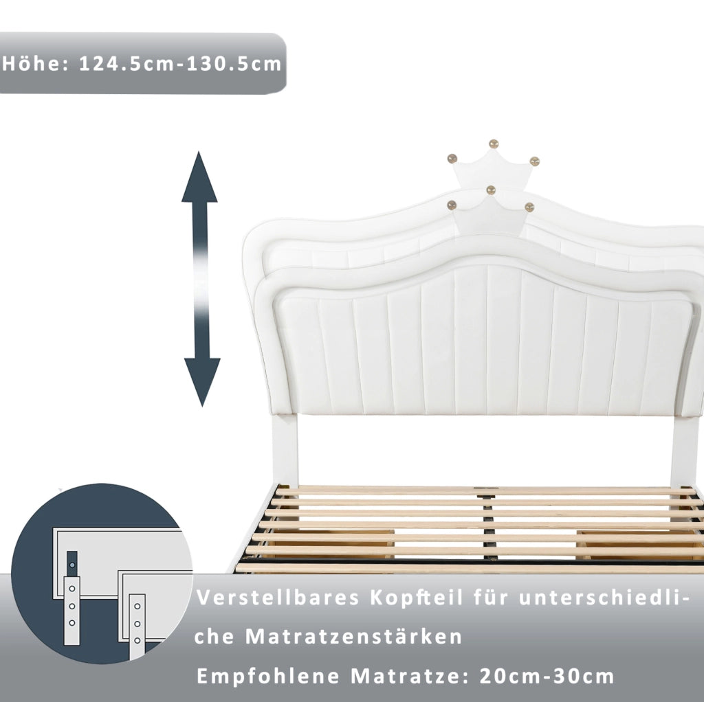 Letto per bambini imbottito 140x200 cm con contenitore; LED e testiera a conchiglia; bianco