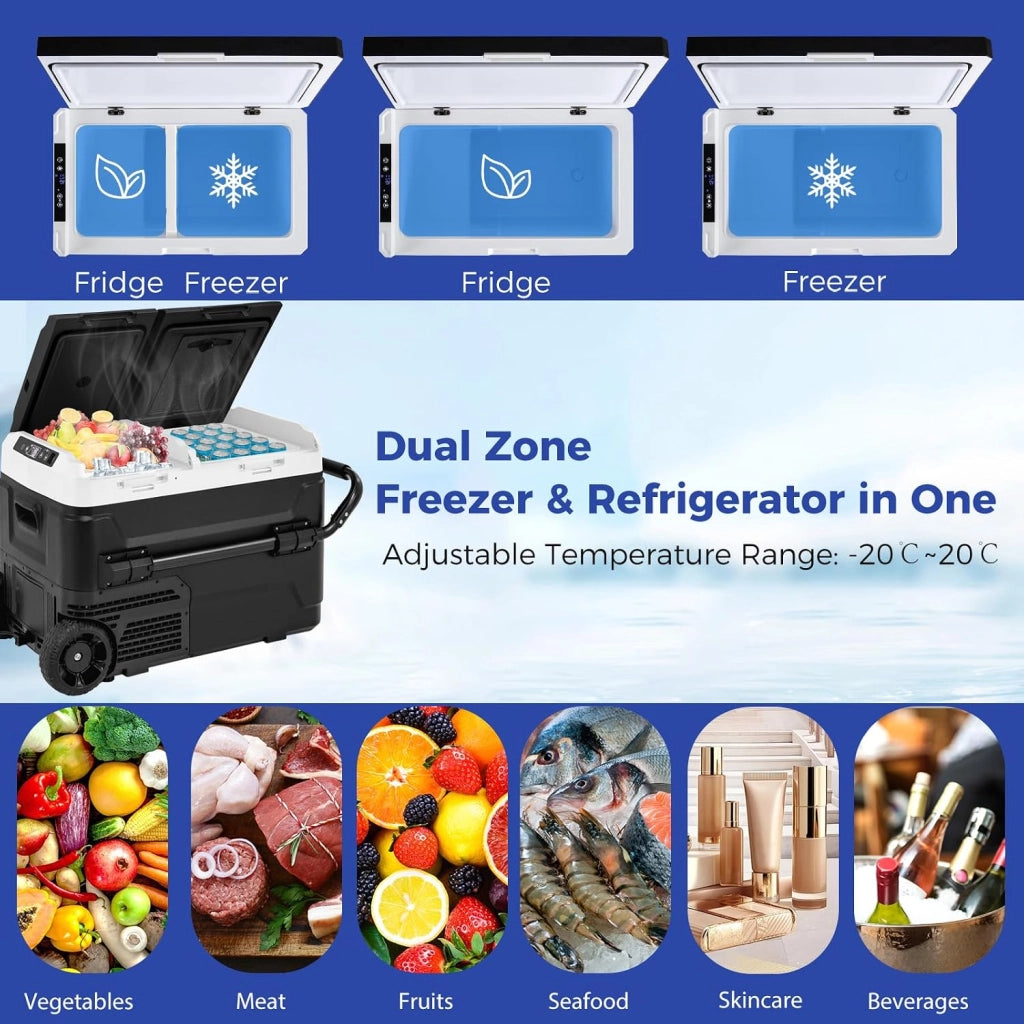 Compressore Frigorifero Box 40L Frigorifero Box Elettrico con Doppia Zone 12/24V -20°C-20°C, Funzionamento LED Touch Porta di Ricarica USB per Auto, Camion, Campeggio