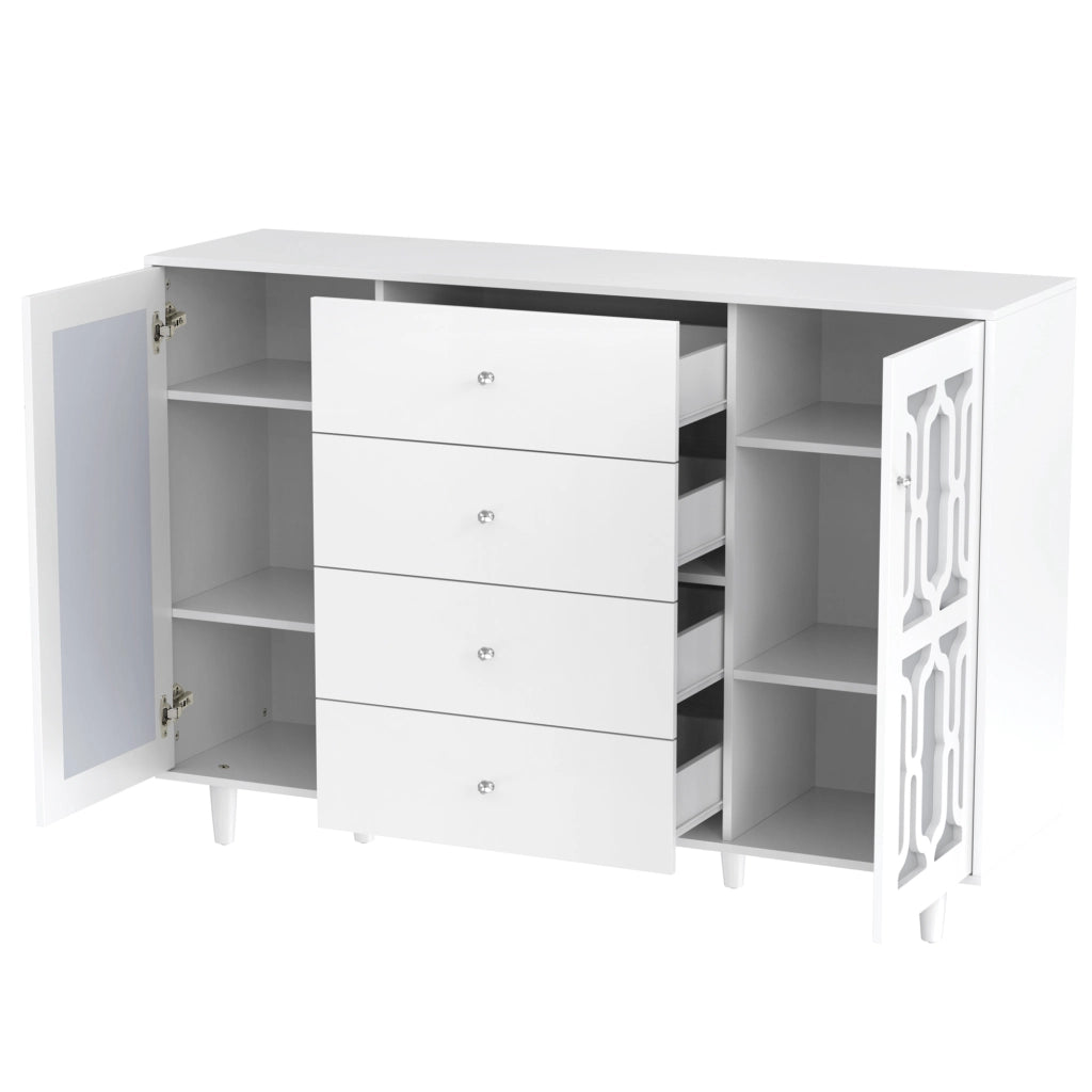 Credenza con 2 Ante; 4 Cassetti e Maniglie in Cristallo; Finitura a Specchio; in MDF; Bianco; 147;5??40??102 cm