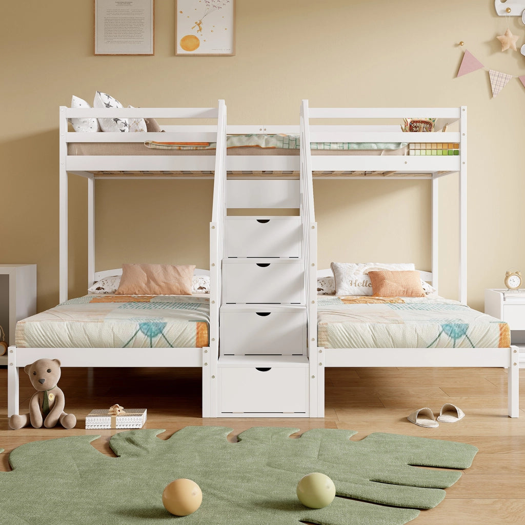 Letto a castello bianco in pino con funzione contenitore e parapetto 90x200 cm