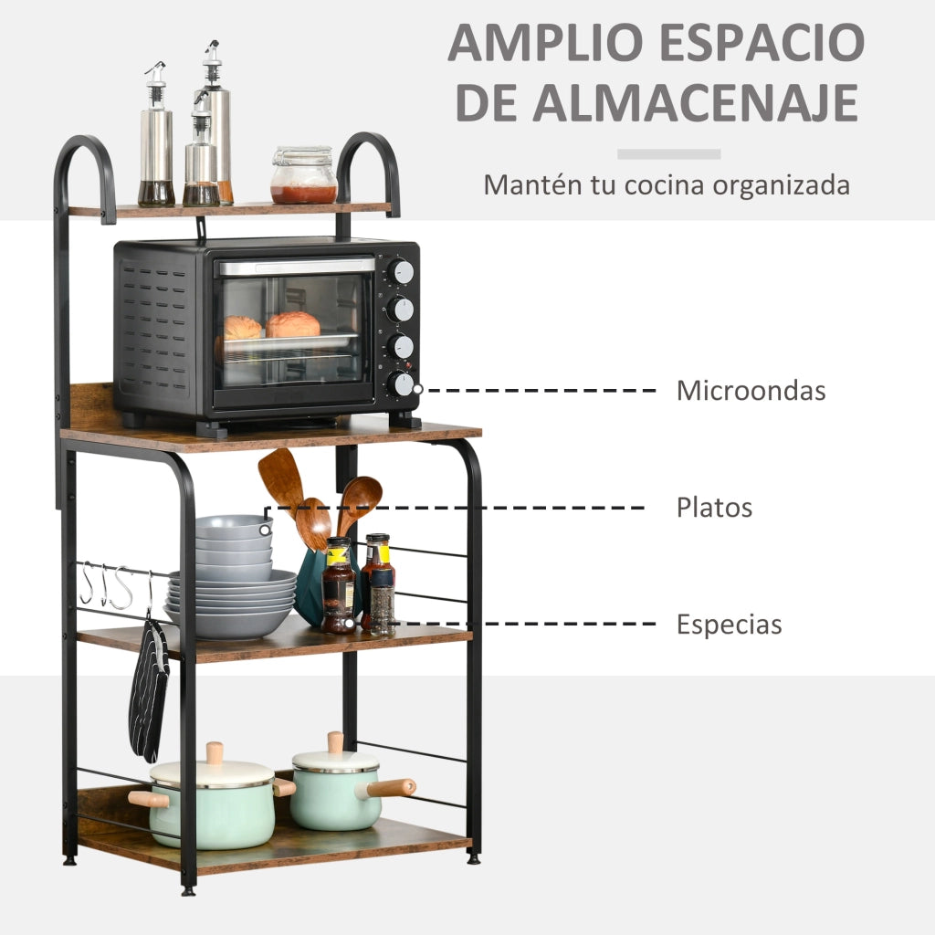 Libreria Cucina 4 Livelli con Ganchi per Microonde ¨C zephmum ¨C Marrone R¨²stico e Nero 60x40x125 cm
