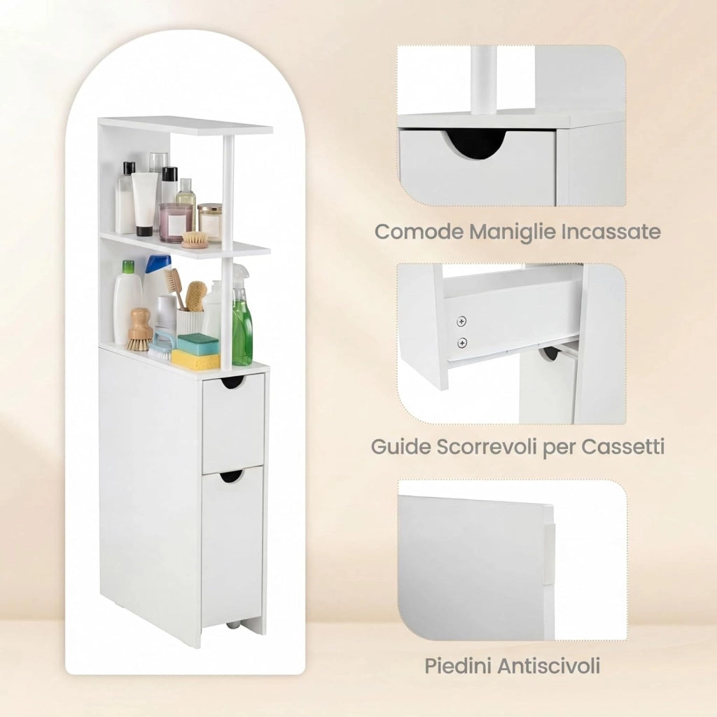 Mobile da Bagno Salvaspazio, Mobiletto Stretto e Autoportante con Ripiani Aperti, Cassetto Scorrevole e Carrello Estraibile, Mobiletto a Terra in Legno per Cucina, 45 × 20 × 114 cm