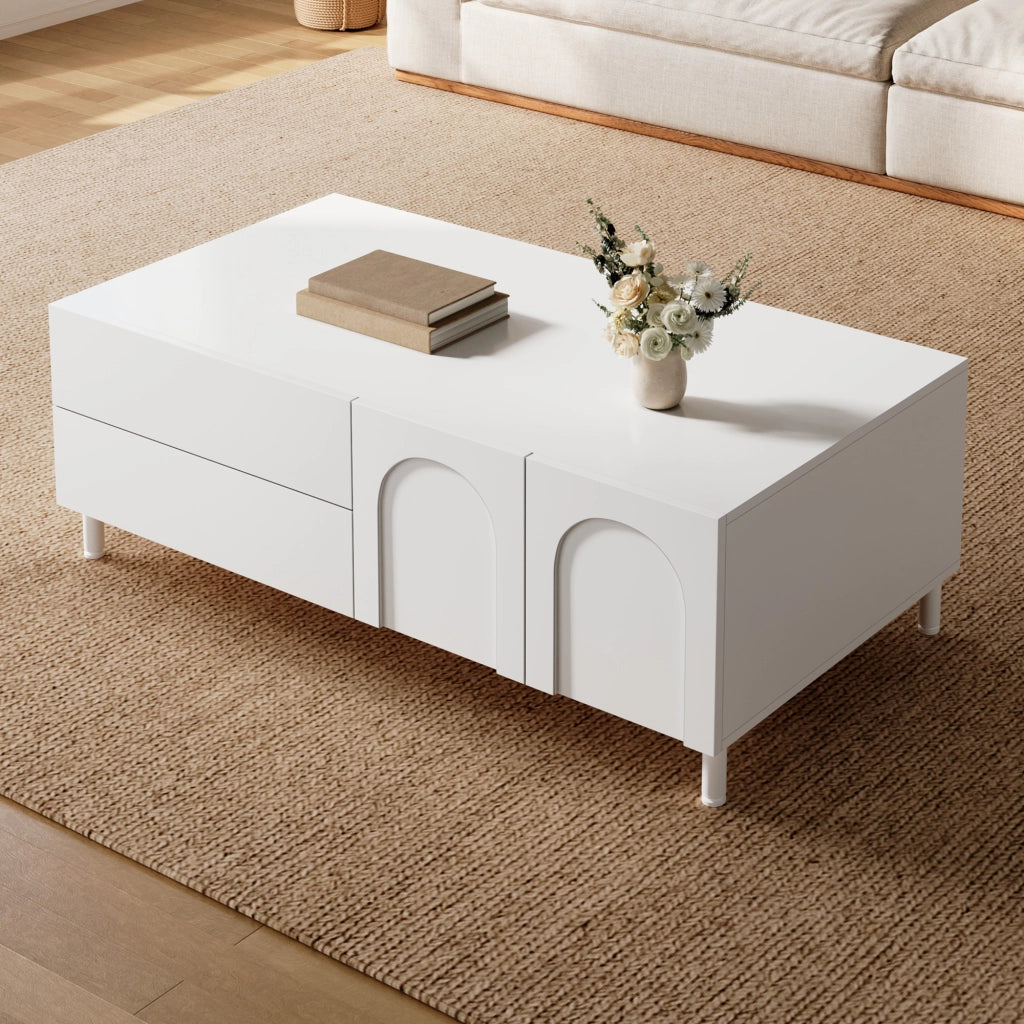 Tavolino basso con 2 cassetti e 2 ante vano chiuso per soggiorno in MDF e truciolare bianco 100 × 50 × 39,5 cm