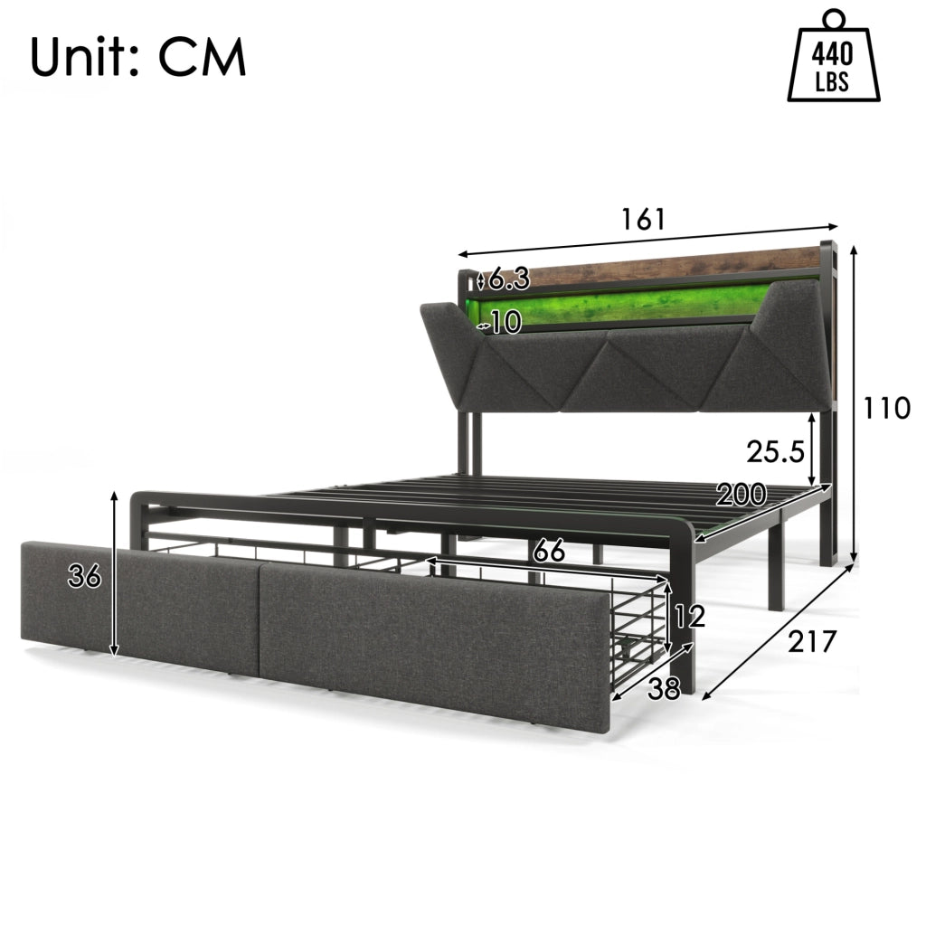 Letto 160x200 cm con testiera contenitore; USB C; LED e 2 cassetti; grigio