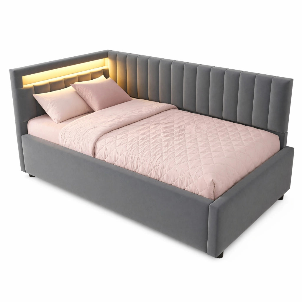 Letto singolo imbottito 90x200 cm con contenitore idraulico e LED in velluto grigio