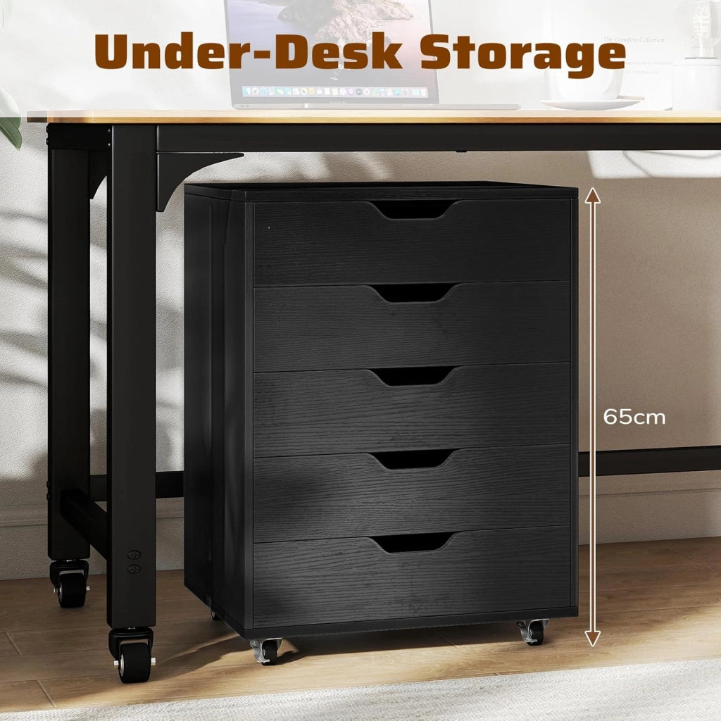 Cassetto da scrivania mobile con 5 cassetti da ufficio, mobile da ufficio, organizer con ruote, supporto per stampante per cartelle, documenti, documenti, carta, 48 x 39,5 x 69,5 cm (Nero)
