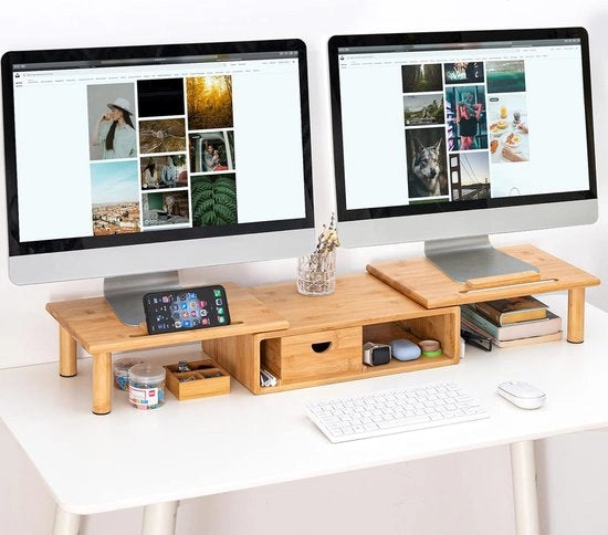 Stand per due monitor in bambù, supporto per monitor, riser, inclusa scatola di stoccaggio per ufficio, contenitore per accessori, supporta monitor, TV e peso massimo 130 lbs, naturale