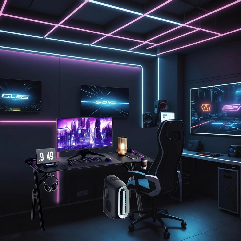 Tavolo da gioco con LED, 140 x 60 cm, scrivania per computer con superficie in fibra di carbonio, scrivania da ufficio, tavolo con gancio per cuffie e porta bevande, nero
