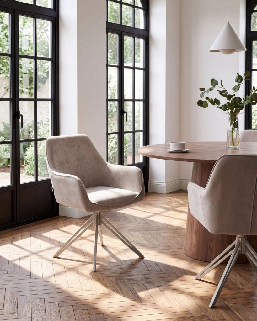 Set di 2 sedie da pranzo girevoli in tessuto beige con braccioli e schienale, gambe in metallo beige, stile retrò-contemporaneo