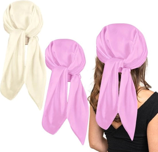 Quadrato di tessuto satino e seta per avvolgimento capelli e sonno (2 pezzi) - Bianco sbiadito e rosa, 90 cm