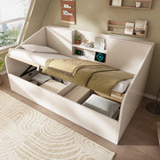 OKWISH Letto Divano 90×190 cm, Letto Singolo con Vano Contenitore Idraulico, USB, Tipo C e Mensole, senza Materasso, in Legno, Bianco