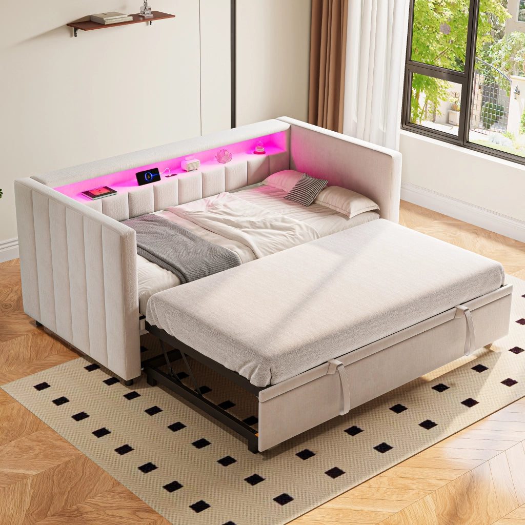 Letto estraibile 90 × 190 cm con LED, USB Type-C, contenitore, senza materasso, in velluto beige