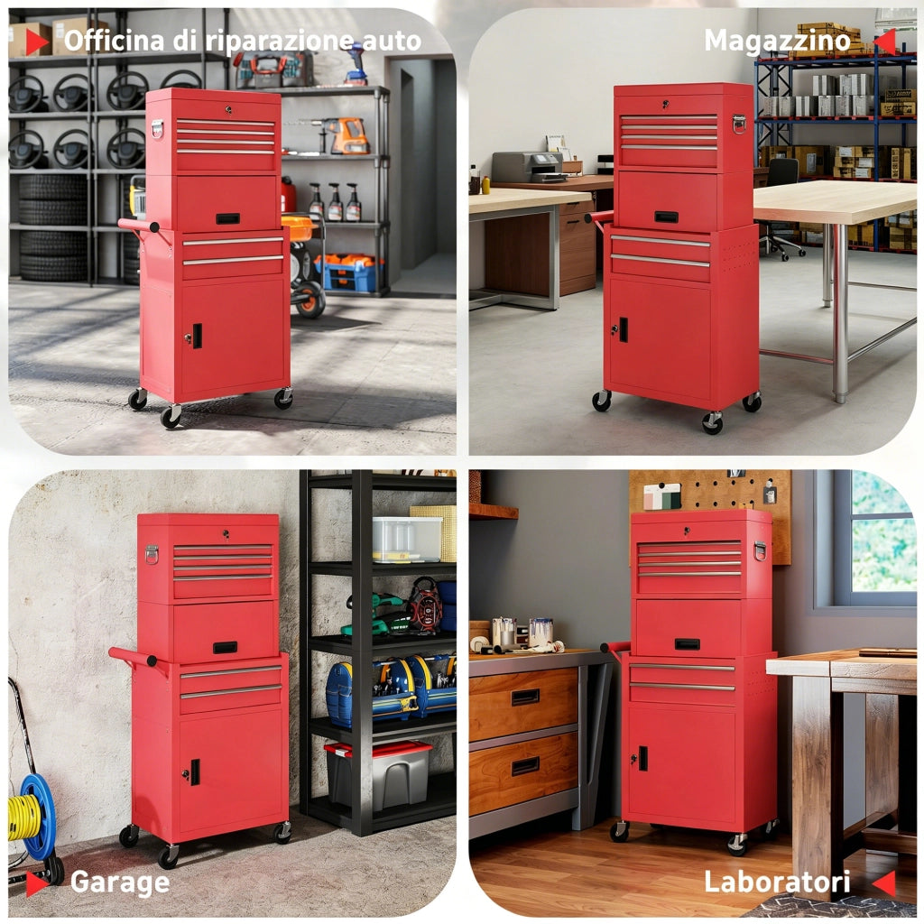 Carrello Porta Attrezzi 60,5x33,5x131 cm con Serratura 6 Cassetti 2 Armadi in Acciaio Rosso
