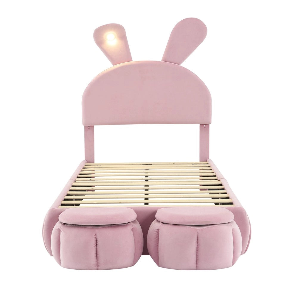 Letto Singolo Bambini con Cassetti e LED ¨C Xylo ¨C Velluto Rosa 90x200