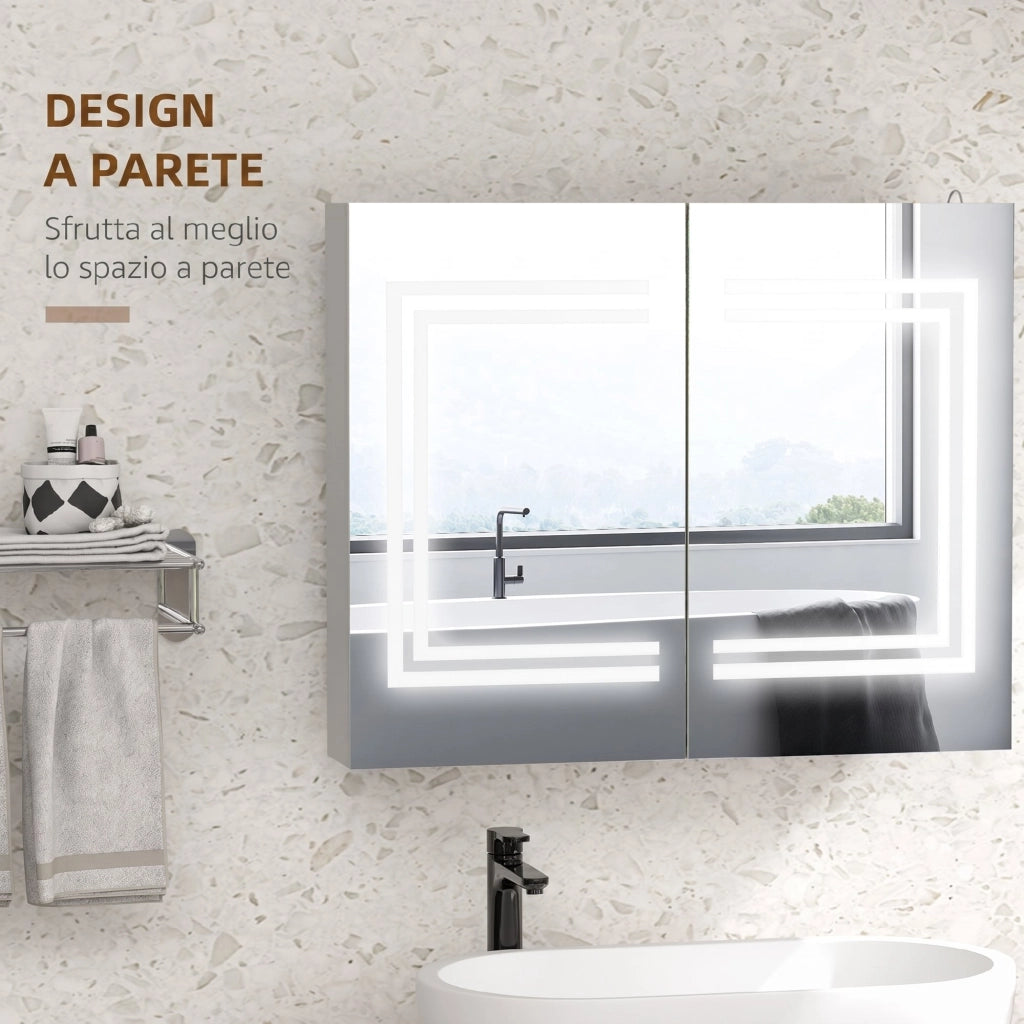 Specchio da Bagno Contenitore con Luce LED 80x15x65 cm Anta Soft Close Dimmerabile a 3 Colori Bianco Lucido