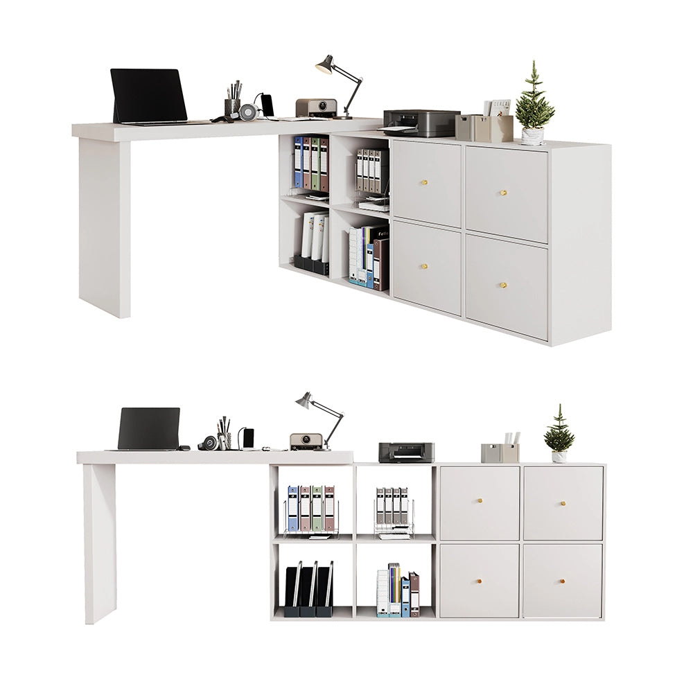 Tavolo angolare rotante 360?? - Xylo - MDF 4 cm, 4 scomparti, 4 cassetti, bianco, disposizione L/lineare