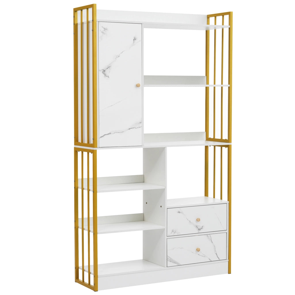 Libreria con ripiani aperti; cassetti e armadietti 100 x 30 x 173;5 cm; bianca e oro