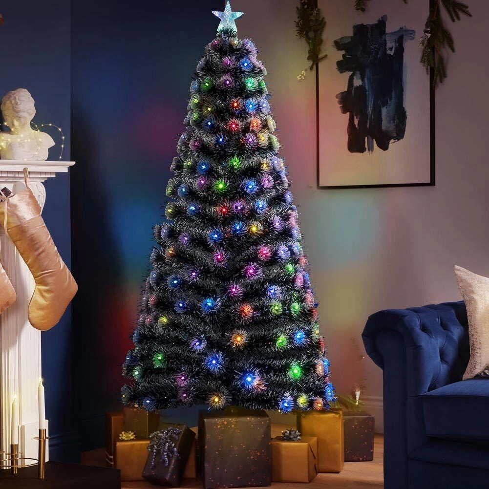 Albero di natale Luminoso 180cm con Luci LED Fibra Ottica Multicolor Innevato