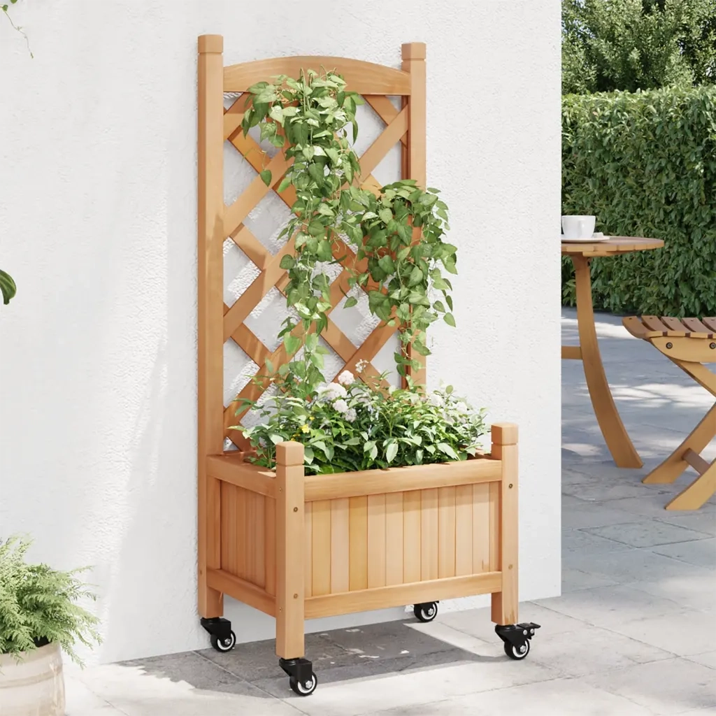 Fioriera | Cassetta per fiori | Vaso con Traliccio e Ruote Marrone Legno Massello di Abete