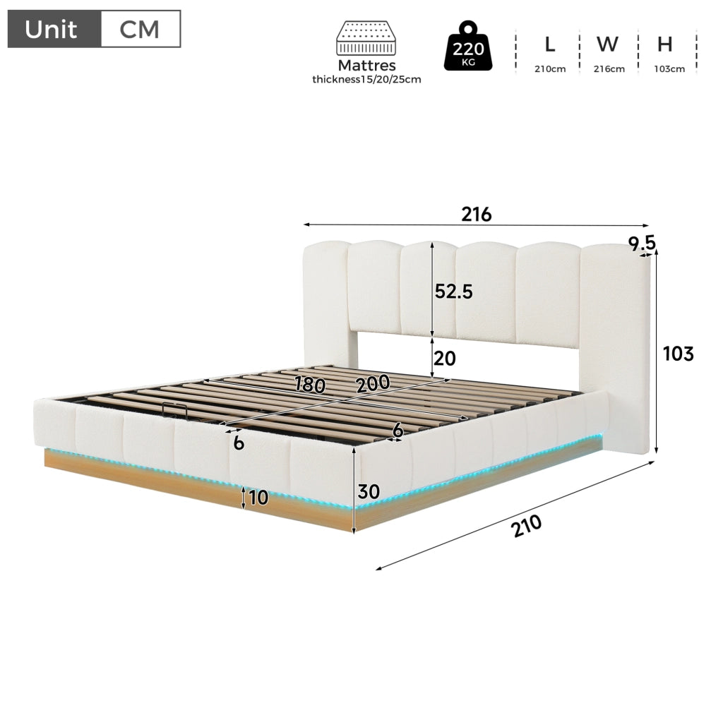 Letto imbottito 180x200 cm con contenitore idraulico e LED in bouclé bianco