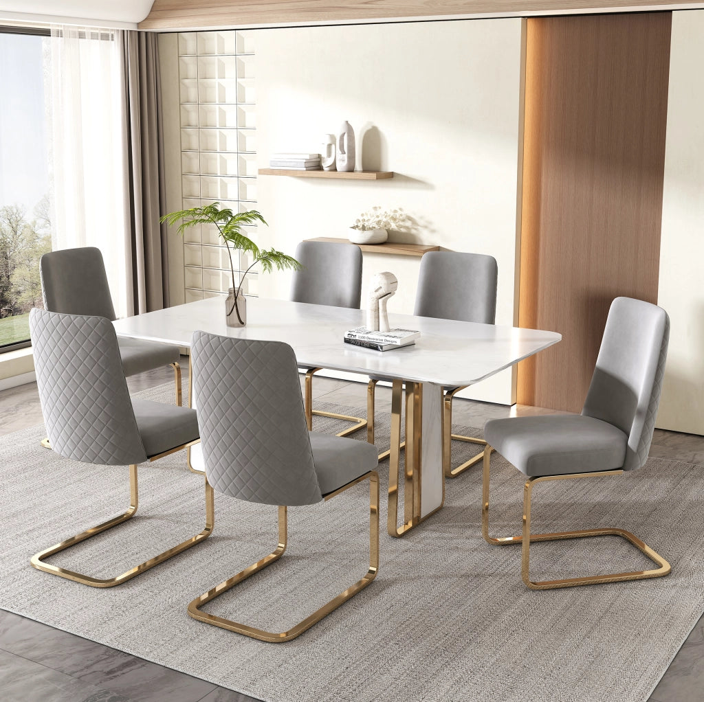 Set di 6 sedie da pranzo in velluto con schienale a rombi e gambe in metallo; grigio