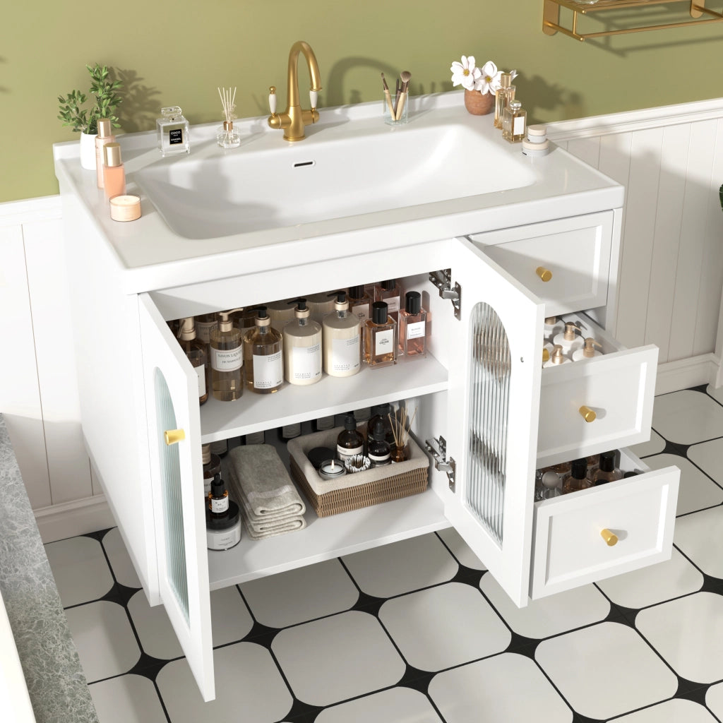 Mobile sottolavabo con lavabo in ceramica, 2 cassetti e anta in vetro, ripiani regolabili, per bagno, bianco