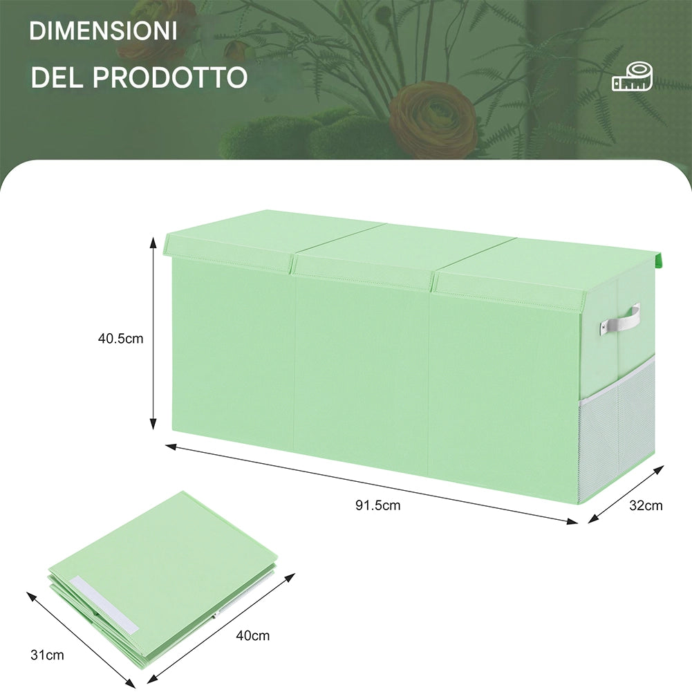 Box Contenitore per Giocattoli 91,5x32x40,5 cm Pieghevole 3 Scomparti 118L in TNT Verde
