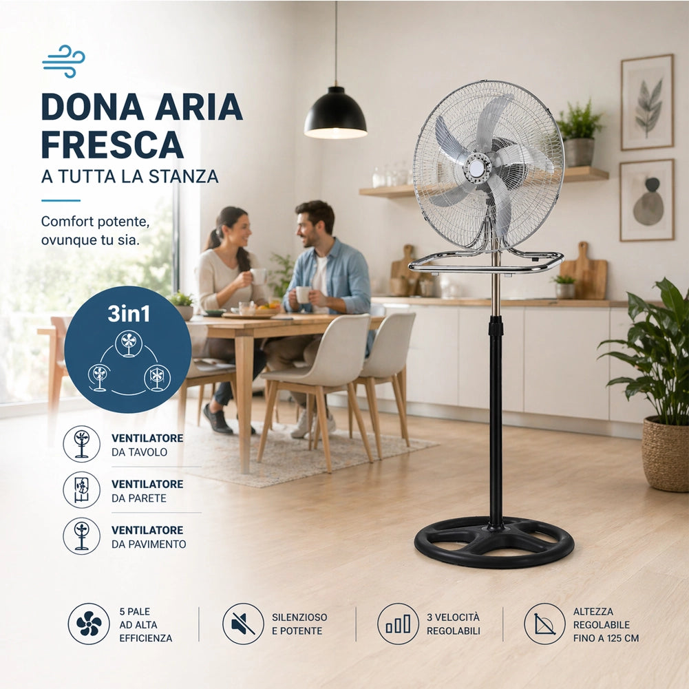 Ventilatore 3in1 Piantana Da tavolo Parete 3 Velocita Oscillazione 50W Pale 50cm
