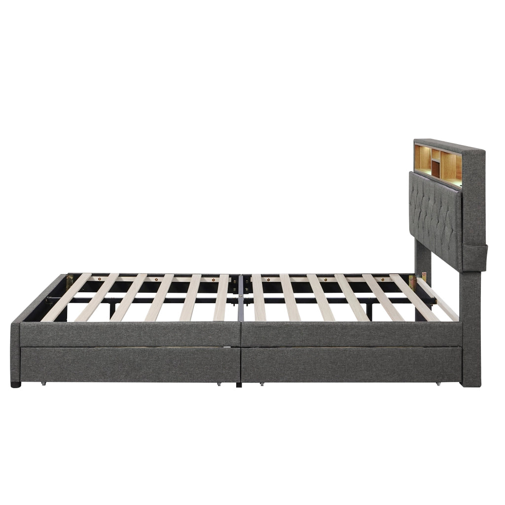 Letto matrimoniale con testiera regolabile; LED e USB; 2 cassetti; grigio 140x200 cm