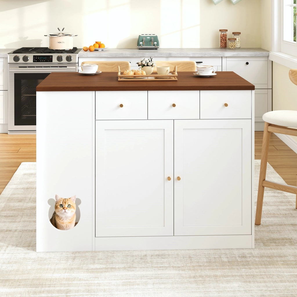 Carrello da Cucina con 3 Cassetti e 2 Ante; Piano Estensibile; Portaspezie e Zona per Animale; MDF; Bianco Noce; 120x40x90 cm