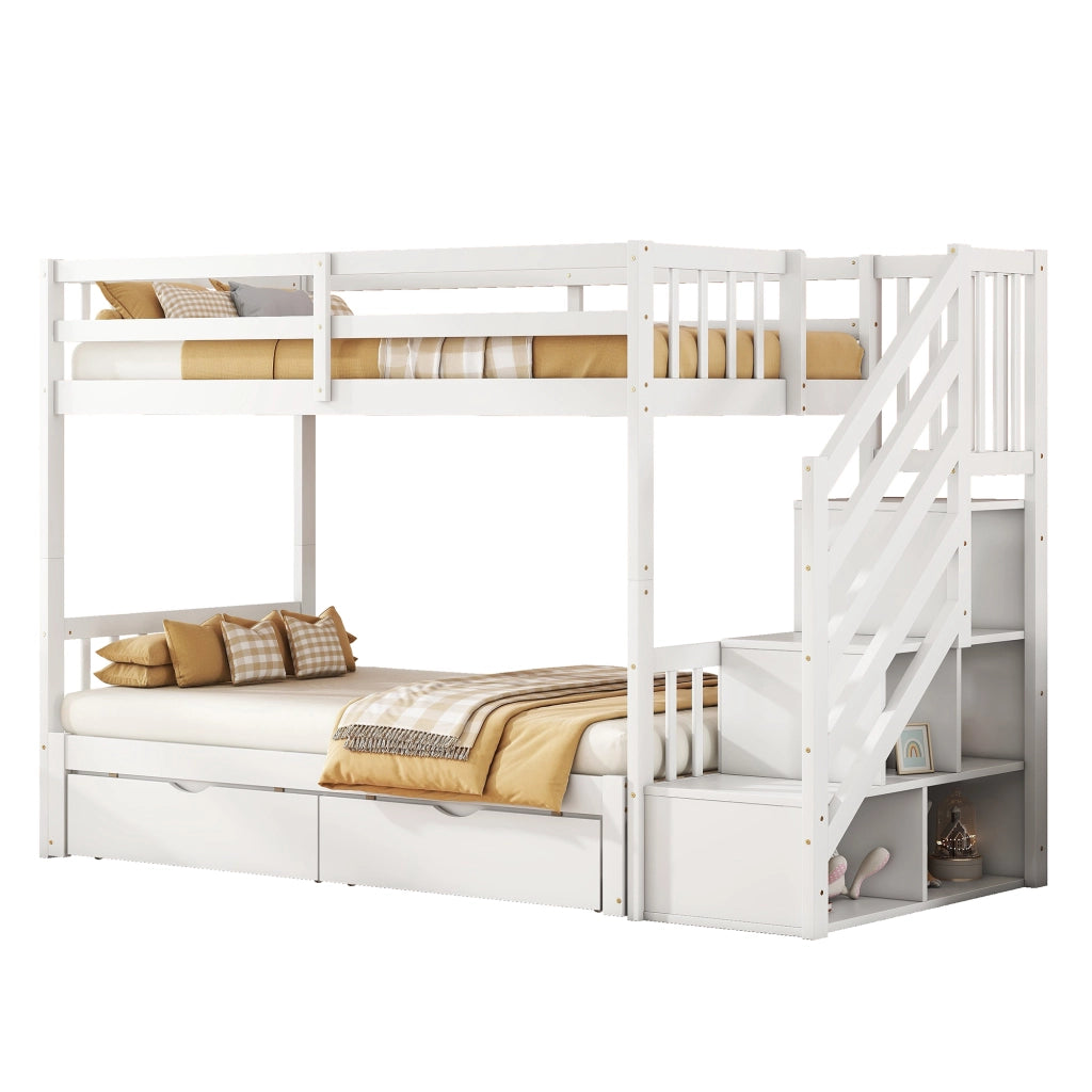 Letto a Castello 90 x 200 cm con letto estraibile; 2 cassetti; in Pino e MDF; Bianco
